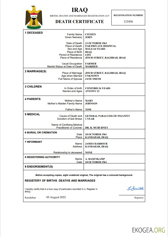 Modèle Word et PDF de certificat de décès d'état civil en Irak